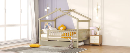 Full Size House Bed With Twin Size Trundle - Natural