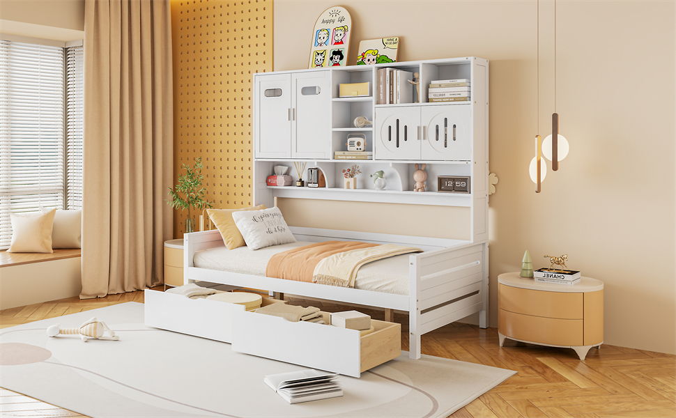 Twin Size Daybed With 2 Drawers And All In One Cabinet And Shelf - White