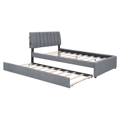 Full Size Upholstered Platform Bed With Twin Size Trundle - Gray
