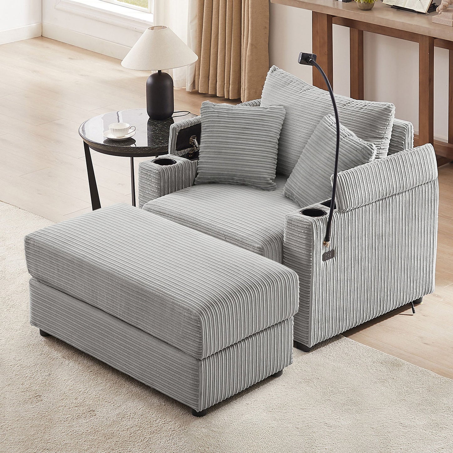 Modern Style Single Sofa Sofa Couch With Storage Space, A Movable Ottoman, Two USB Ports, Two Cup Holders, A Phone Holder For Living Room - Gray