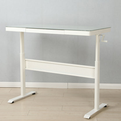 Tempered Glass Standing Desk With Metal Drawer, Adjustable Height Stand Up Desk, Sit Stand Home Office Desk, Ergonomic Workstation - White