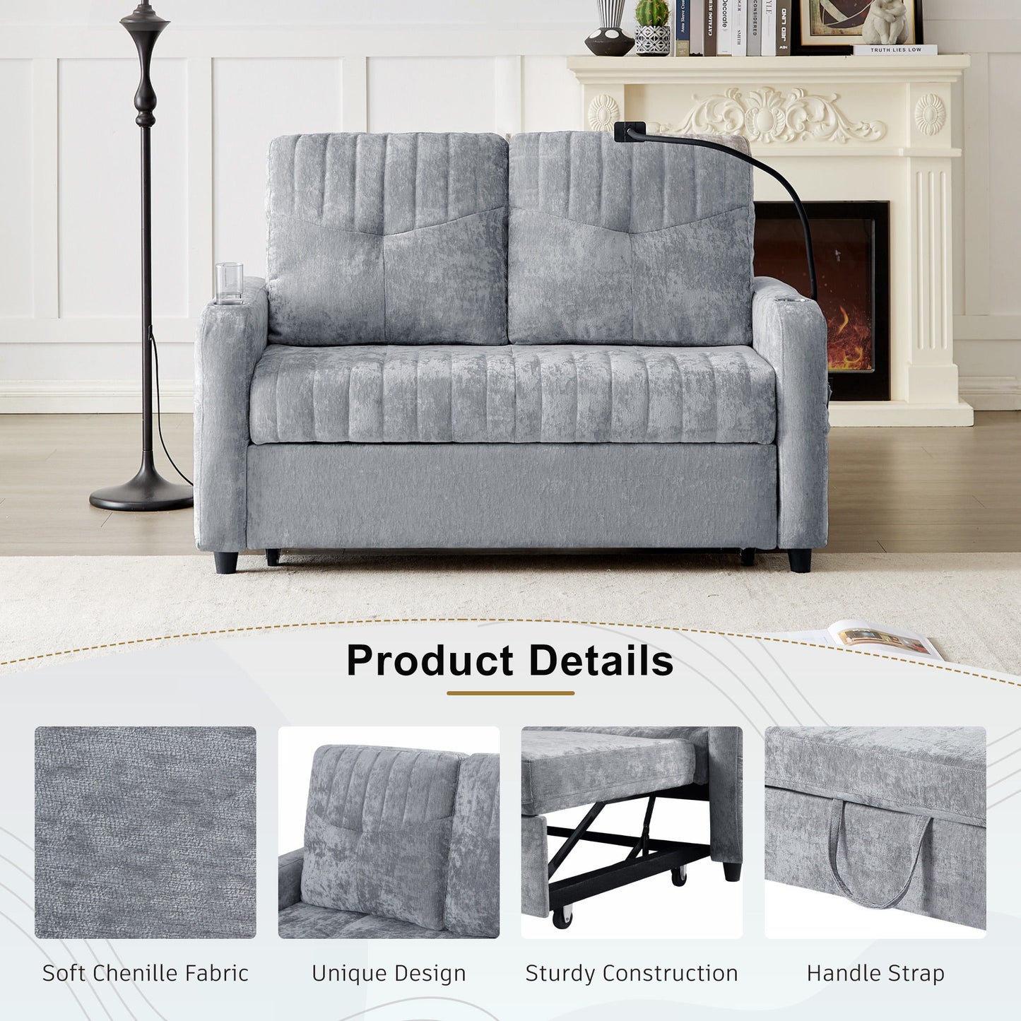 Modern Loveseat Pull Out Sofa Bed With Adjustable Backrest, Two Cup Holders, A Phone Holder, Three Charging Ports And Side Storage Pockets For Living Room - Gray