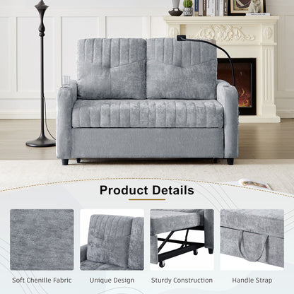 Modern Loveseat Pull Out Sofa Bed With Adjustable Backrest, Two Cup Holders, A Phone Holder, Three Charging Ports And Side Storage Pockets For Living Room - Gray