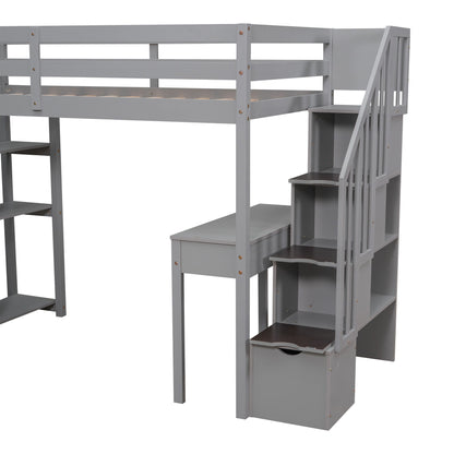 Twin Size Loft Bed With Storage Drawers, Desk And Stairs With Shelves - Gray