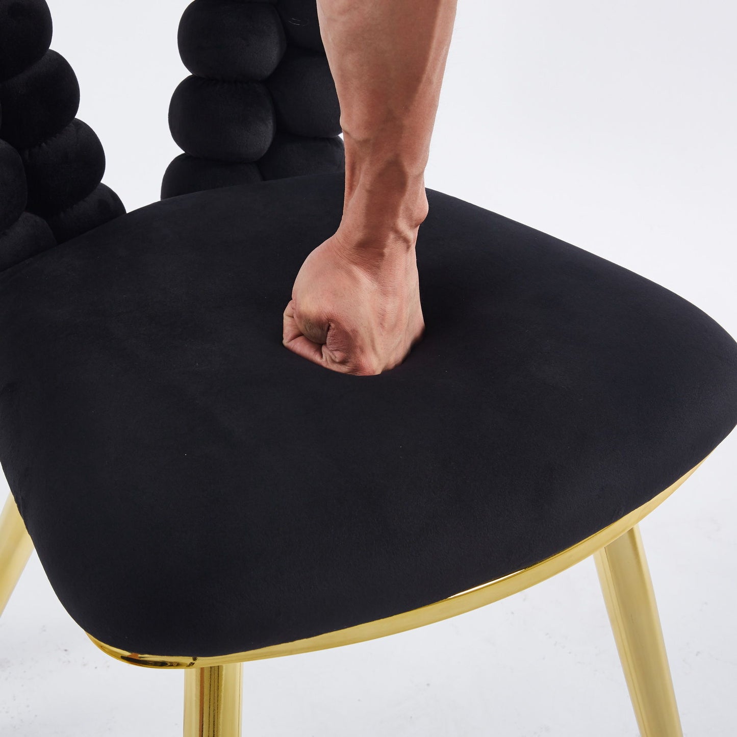 Modern Chair With Golden Iron Tube Legs - Black Soft Cushions And Comfortable Backrest, Suitable For Dining Room, Living Room, Cafe, Hairball Back (Set of 2) - Black