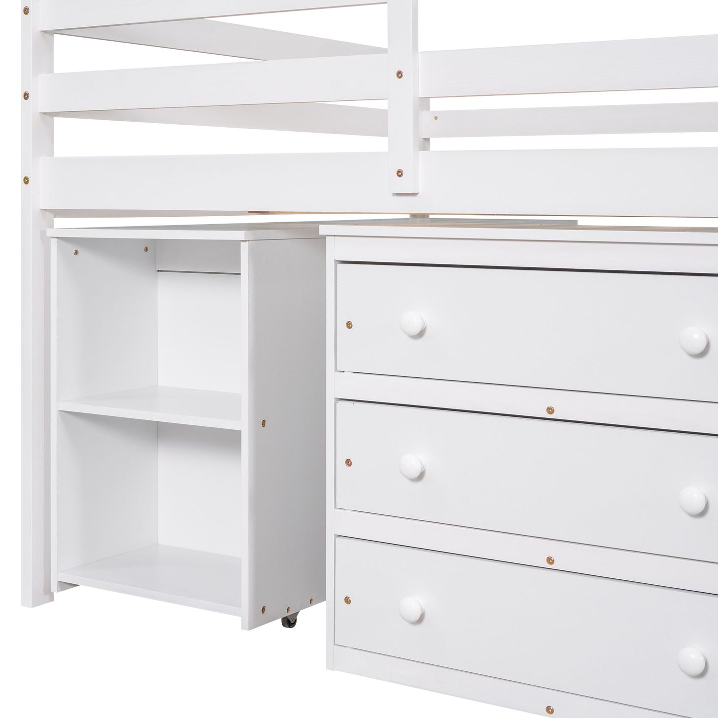 Full Loft Low Study Bed With Cabinet, Shelves And Rolling Portable Desk, Multiple Functions - White