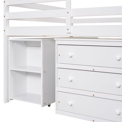Full Loft Low Study Bed With Cabinet, Shelves And Rolling Portable Desk, Multiple Functions - White