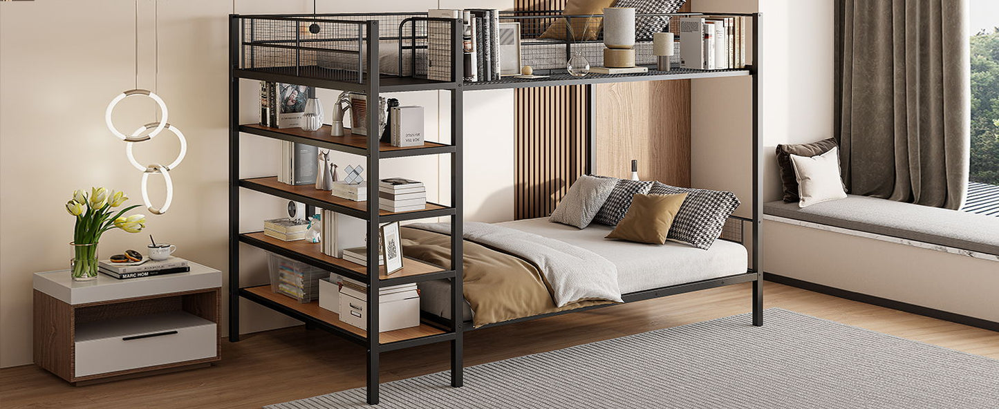 Twin Over Full Bunk Bed With 5 Tier Shelves - Black