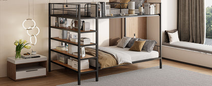 Twin Over Full Bunk Bed With 5 Tier Shelves - Black