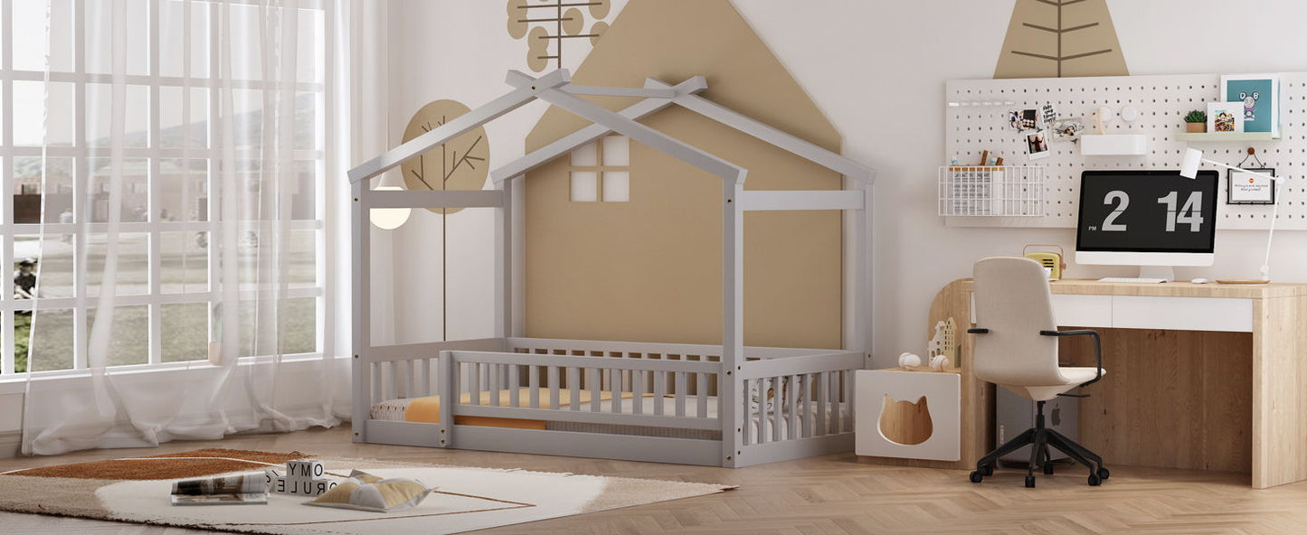 Twin Size Bed House Bed Frame With Fence - Gray