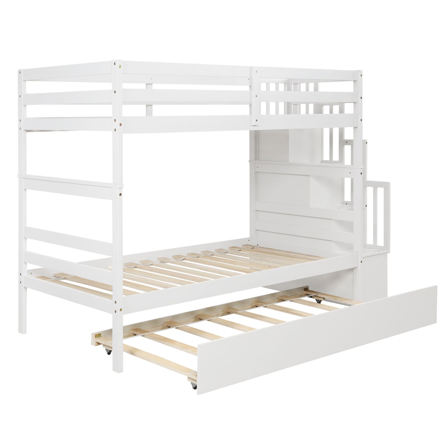 Twin Over Twin Bunk Beds With Twin Trundle And Stairway Storage Function - White