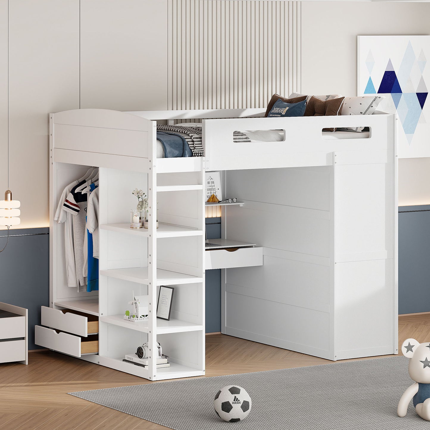 Full Size Loft Bed With Desk, Wardrobes, 4 Drawers And 4 Shelves - White