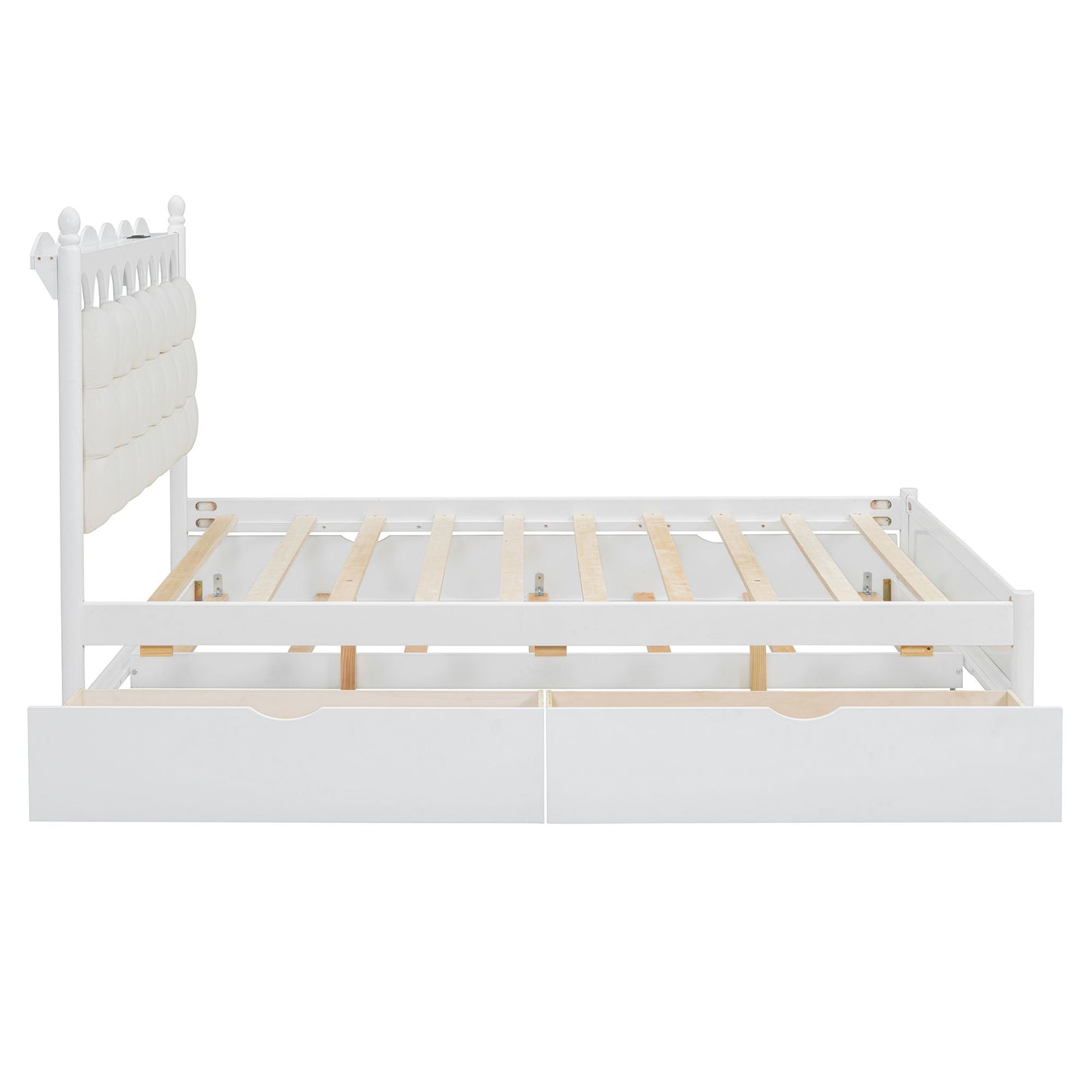 Queen Size Storage Platform Bed, With 2 Big Drawers, Twin Long Size Trundle, One Set Of Sockets & USB Ports - White