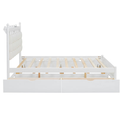 Queen Size Storage Platform Bed, With 2 Big Drawers, Twin Long Size Trundle, One Set Of Sockets & USB Ports - White
