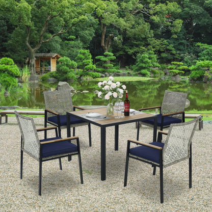 All Weather 5 Piece Patio Dining Table Sets With Acacia Wood Top And Umbrella Hole, Rattan Outdoor - Light Gray