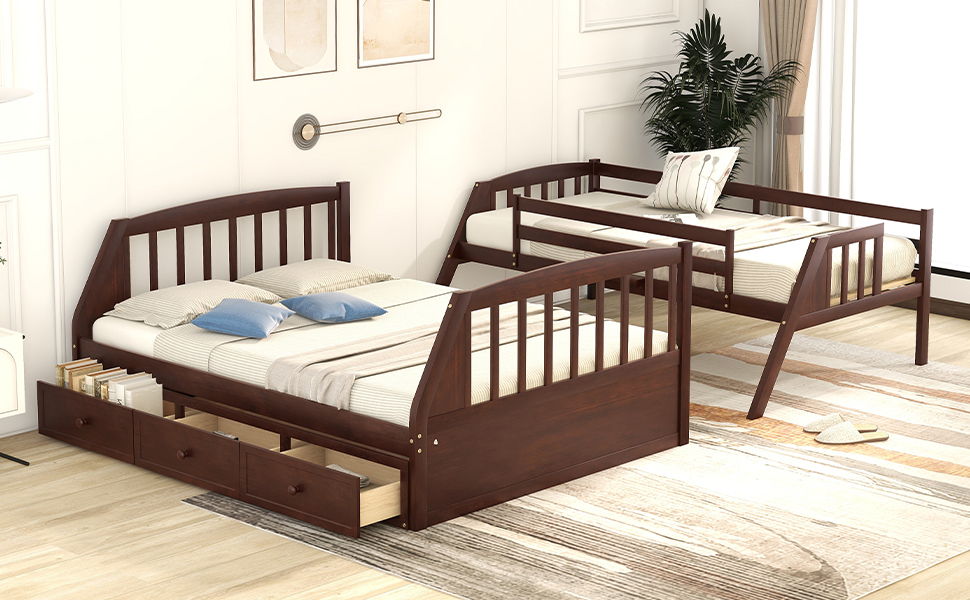 Twin Over Full Bunk Bed With Drawers, Ladder And Storage Staircase - Espresso