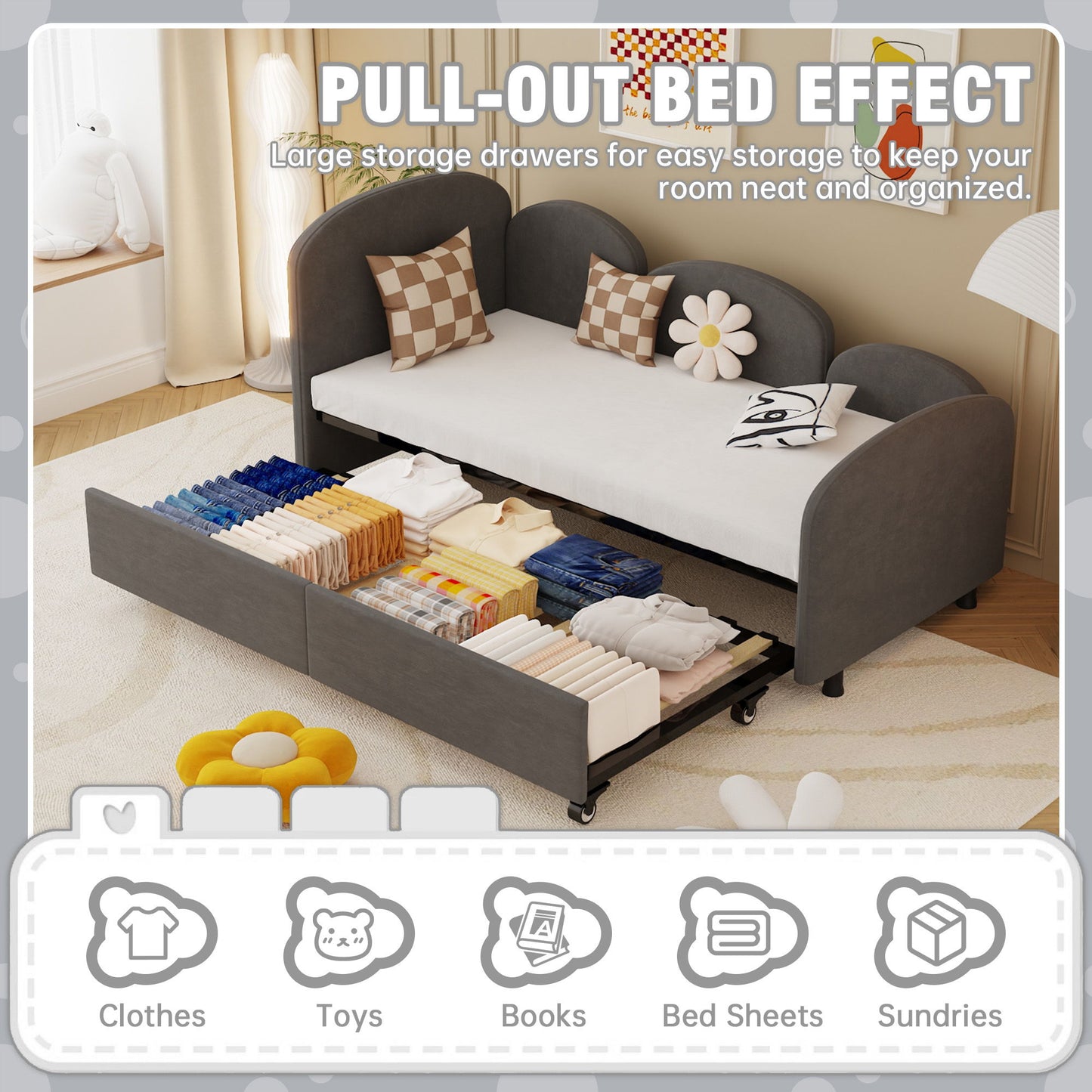 Modern Twin Size Upholstered Daybed With Additional Bed Frame - Dark Gray