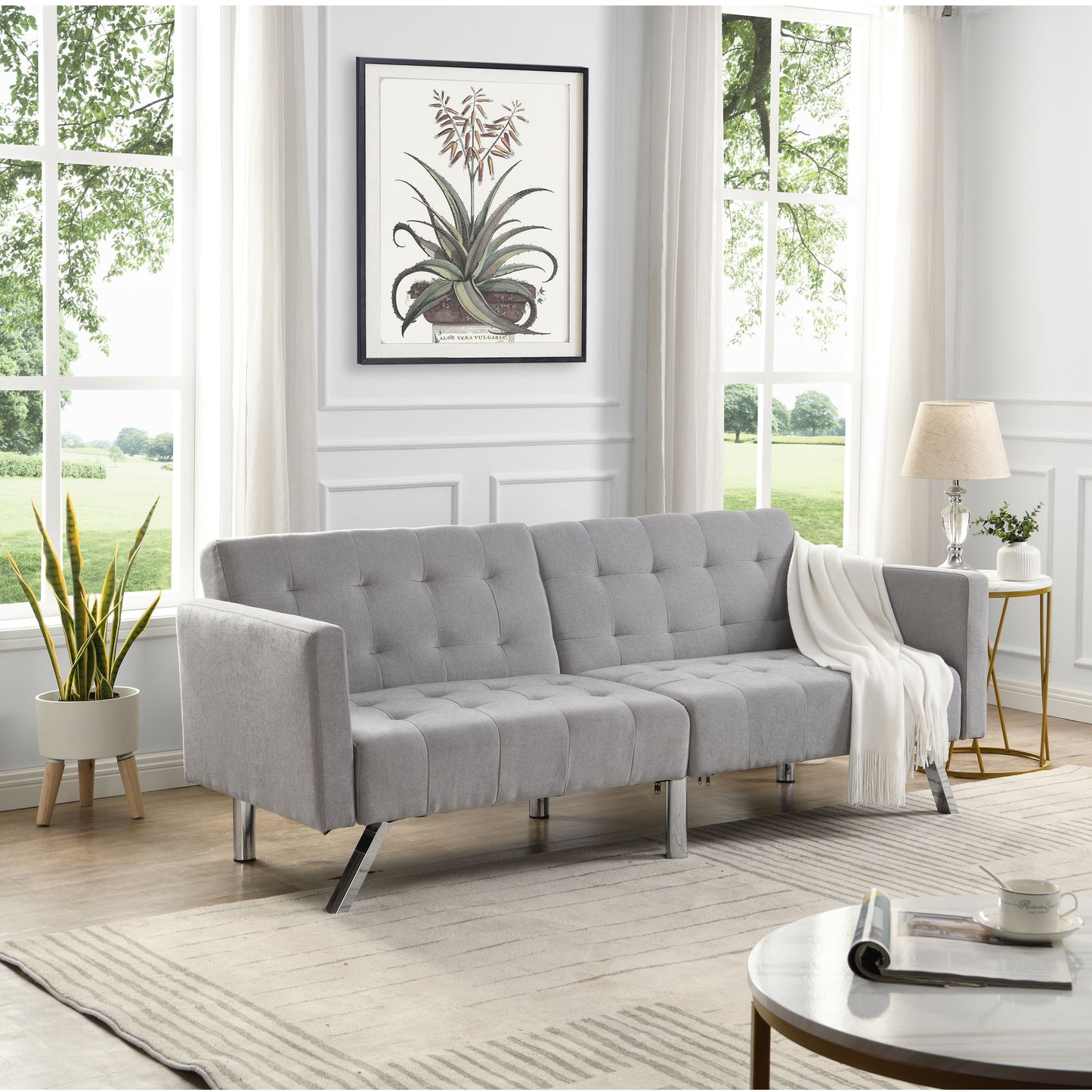 Futon Sofa Bed Convertible Folding Lounge Couch, Armrests - Light Gray