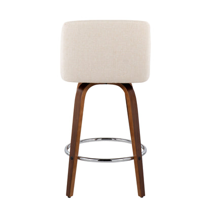 Toriano - Mid-Century Modern Fixed Height Counter Stool With Round Footrest (Set of 2) - Walnut / Cream