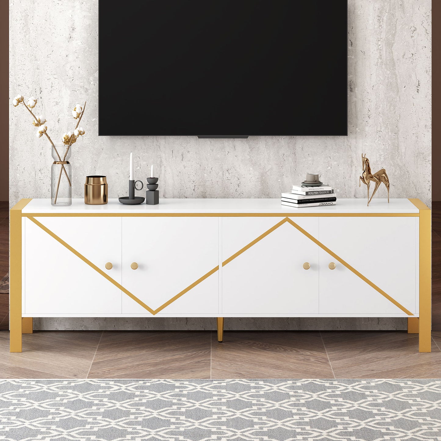 Modern Minimalist TV Stand For TVs Up To 75", Entertainment Center Media Console Cabinet With 2 Spacious Cabinets For Living Room - White