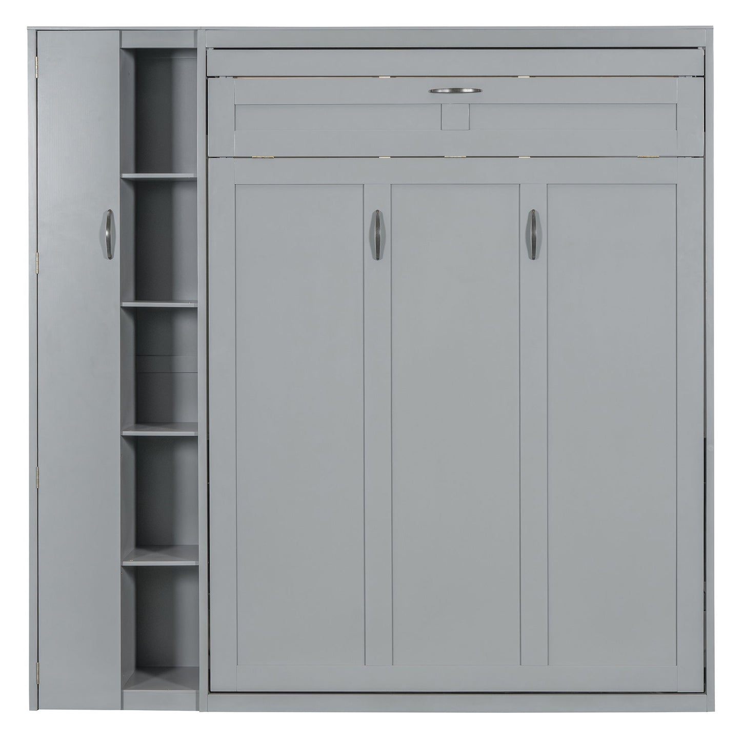 Full Size Murphy Wall Bed With Shelves, Wardrobe And LED Lights - Gray