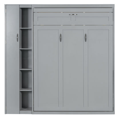 Full Size Murphy Wall Bed With Shelves, Wardrobe And LED Lights - Gray