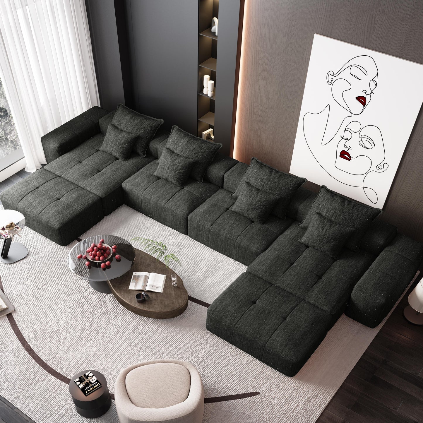 Modern Oversized Modular Sectional Sofa, Sparkling Chenille Fabric Soft Cushion Sofa With 8 Pillows, 8 Pieces Diy Combination Tufted Sofa, No Assembly Required - Black