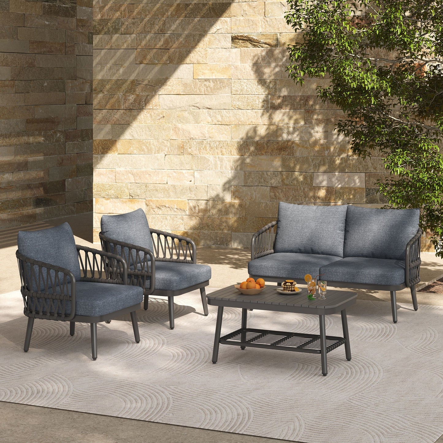 4 Piece Outdoor Patio Furniture Set, Metal Chairs With Woven Rope U Shaped Backrest, Outdoor Conversation Set With Thick Cushions And Coffee Table For Garden, Poolside, Balcony - Black / Gray