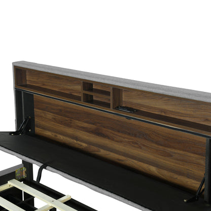 Queen Size Upholstered Platform Bed With Storage Headboard, Twin Long Size Trundle & 2 Drawers And A Set Of Sockets & USB Ports - Gray