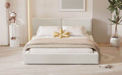Queen Size Upholstered Platform Bed, Grounded Bed With Solid Frame - Beige