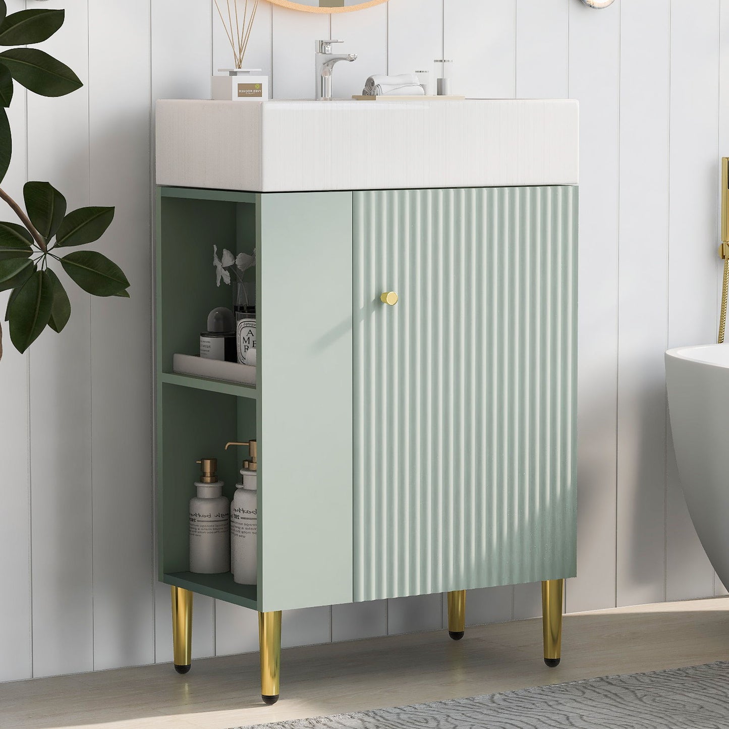 Bathroom Vanity, Combo Cabinet, Bathroom Storage Cabinet, Single Ceramic Sink, Left Side Storage - Green