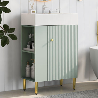 Bathroom Vanity, Combo Cabinet, Bathroom Storage Cabinet, Single Ceramic Sink, Left Side Storage - Green