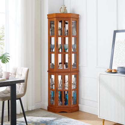 Corner Curio Cabinet With 5 Shelves And Lighting System (E26 Light Bulb Not Included) - Oak