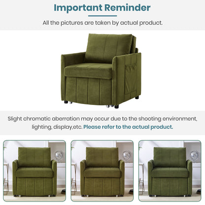 Upholstered Convertible Sleeper Sofa With Adjustable Backrest, Side Pockets, Storage Basket - Green