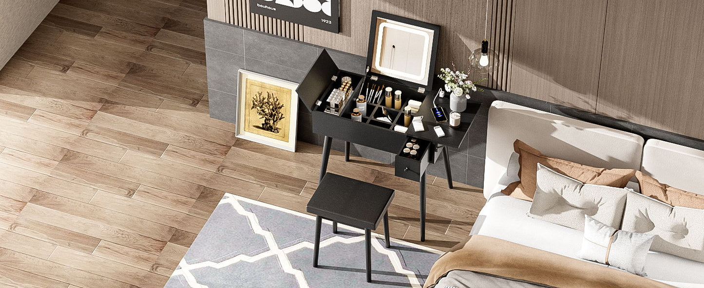 Makeup Vanity Desk With Flip Top Mirror And LED Light, Dressing Table With Charging Station, 2 Drawers And Fold Up Panel, Vanity Set With Cushioned Stool For Bedroom - Black