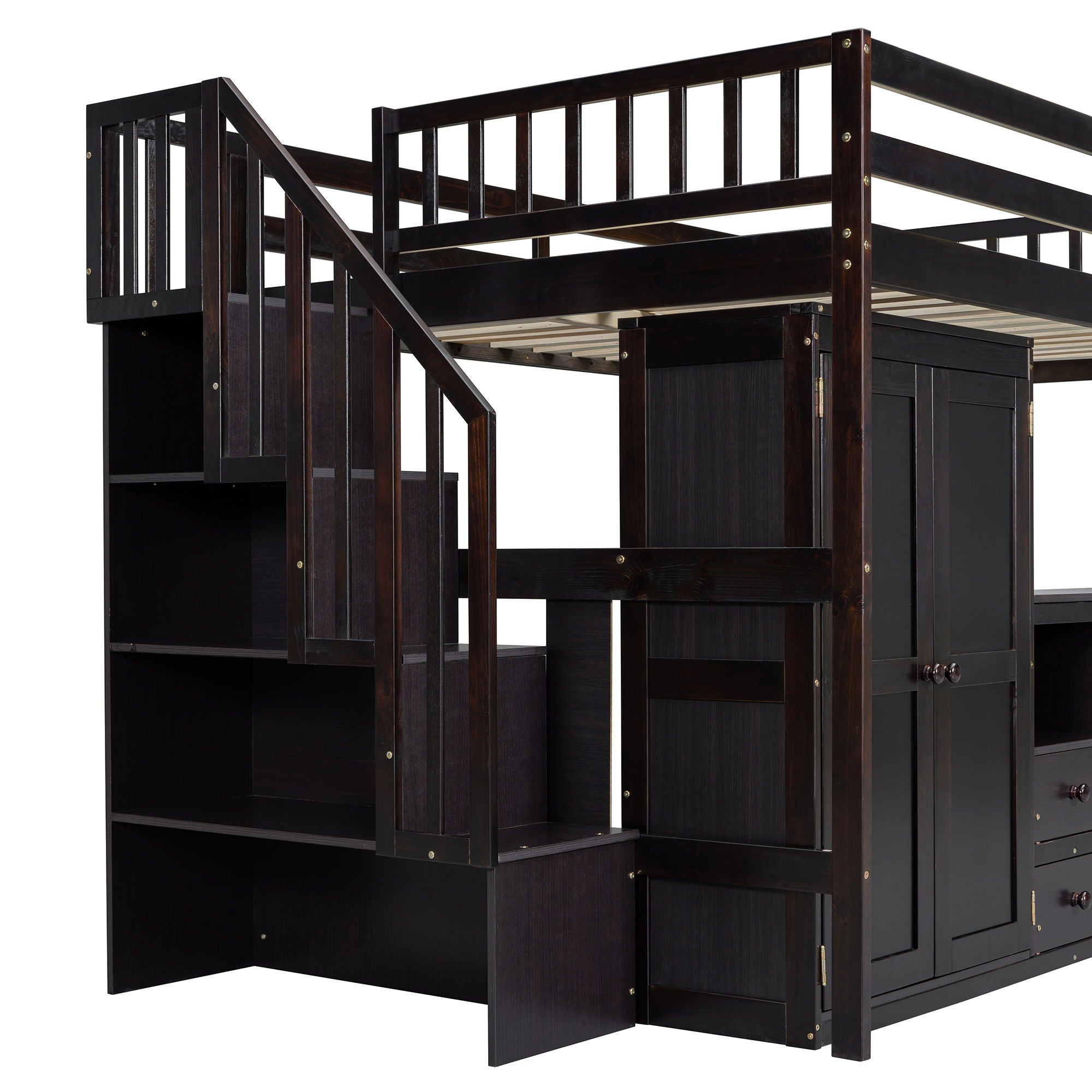 Full Size Loft Bed With Stairs, Bookshelf, Drawers, Desk & Wardrobe, Space Saving Multifunctional Furniture - Espresso