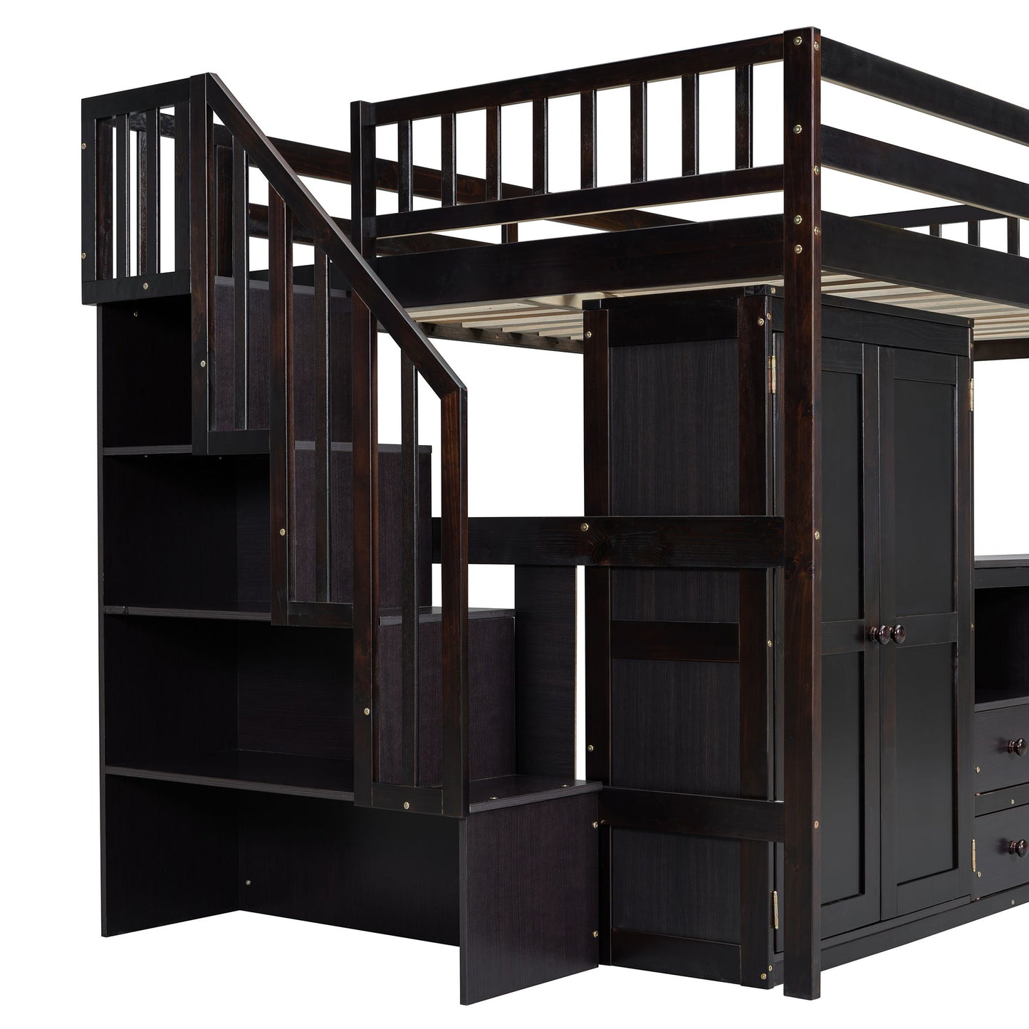 Full Size Loft Bed With Stairs, Bookshelf, Drawers, Desk & Wardrobe, Space Saving Multifunctional Furniture - Espresso