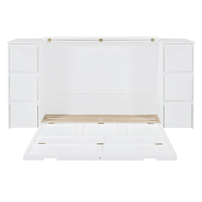 Full Size Murphy Bed With Drawers, Cabinets And USB Ports - White