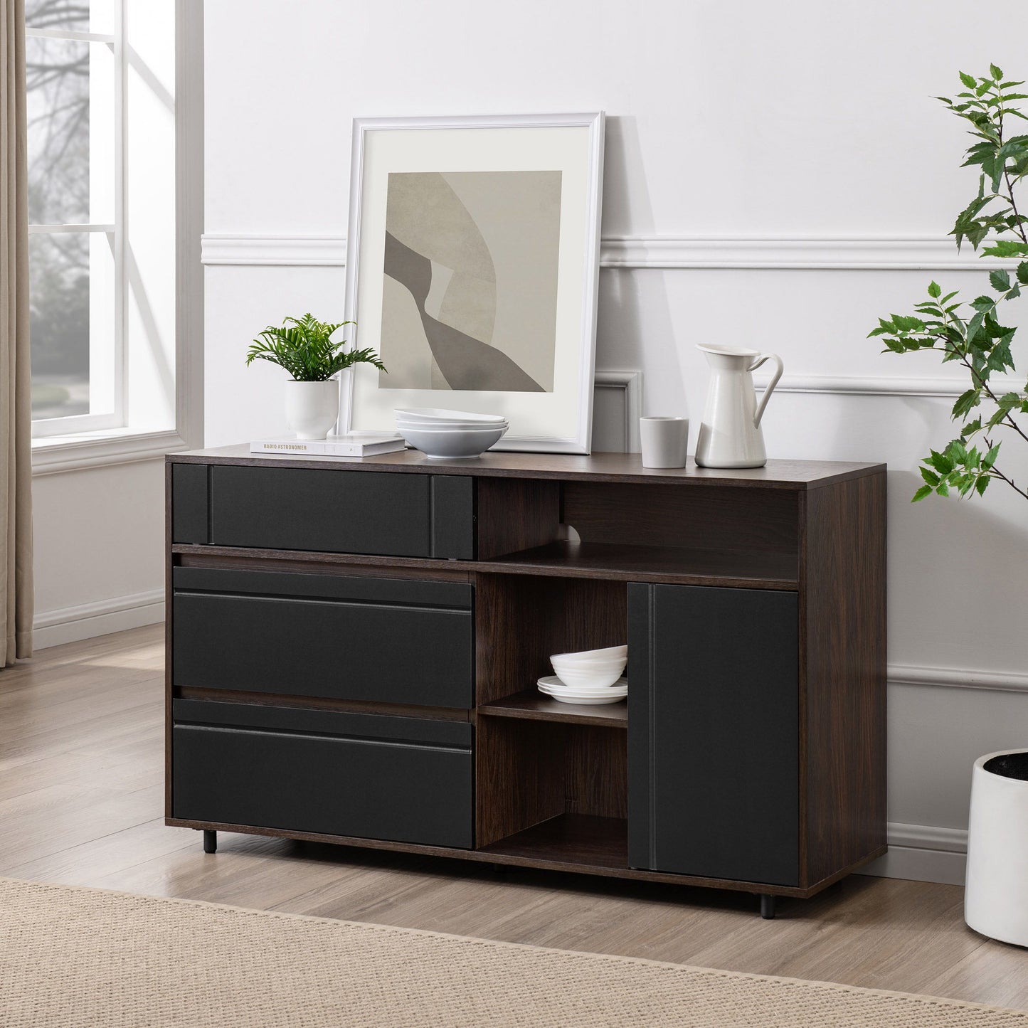 Contemporary Detailed Door Sideboard With Open Storage - Dark Espresso / Solid Black