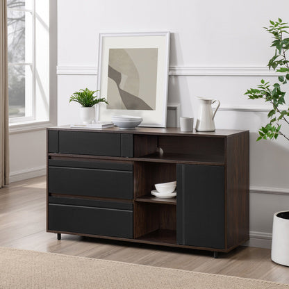 Contemporary Detailed Door Sideboard With Open Storage - Dark Espresso / Solid Black