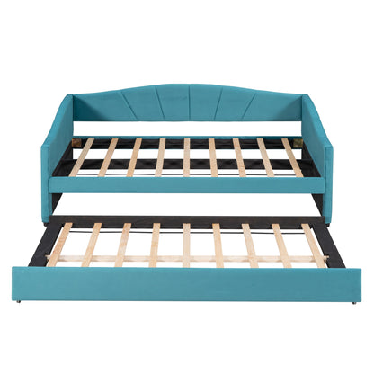 Twin Size Upholstered Daybed Sofa Bed With Trundle And Slat - Blue