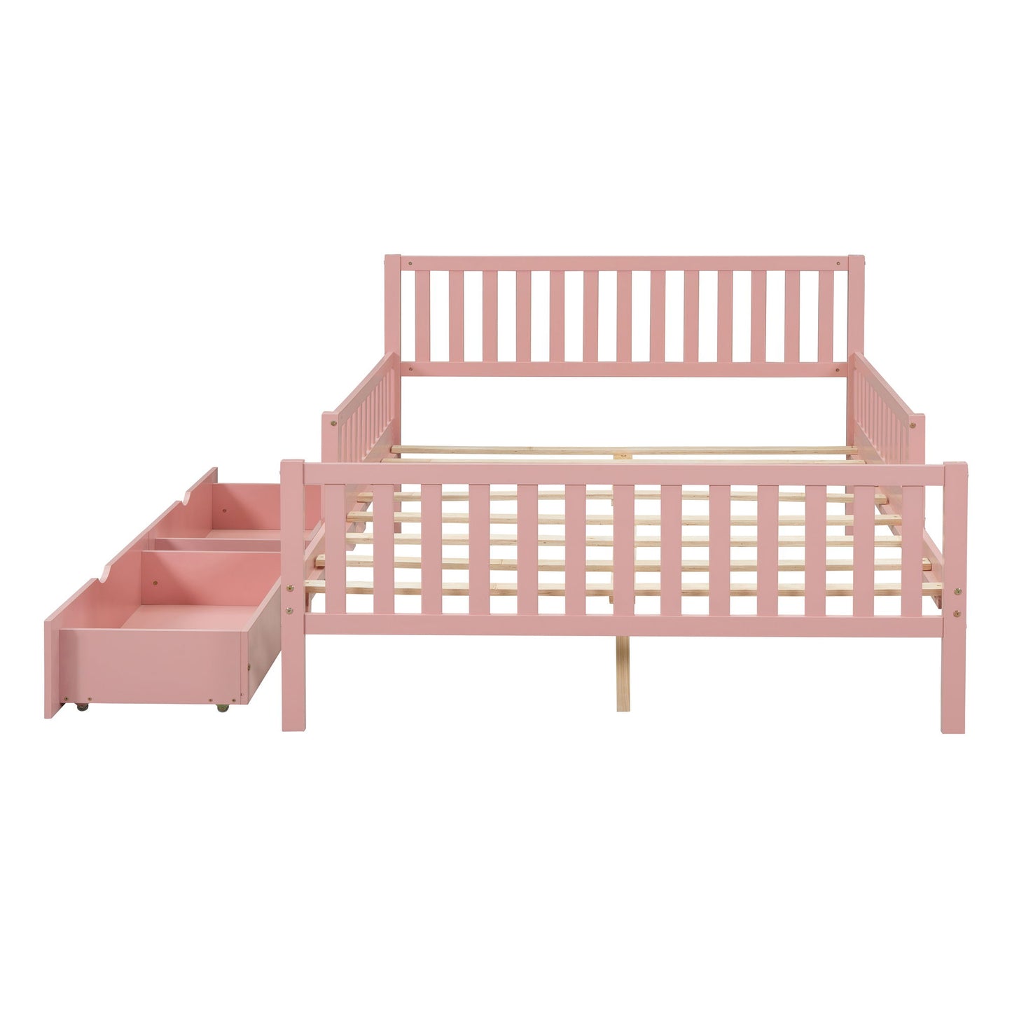 Full Size Platform Bed With Guardrails On Both Sides And 2 Storage Drawers - Pink