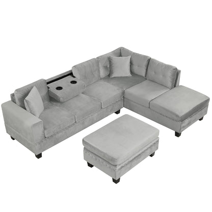 Modern Sectional Sofa With Storage Ottoman, L - Shape Couch With 2 Pillows And Cup Holders - Gray