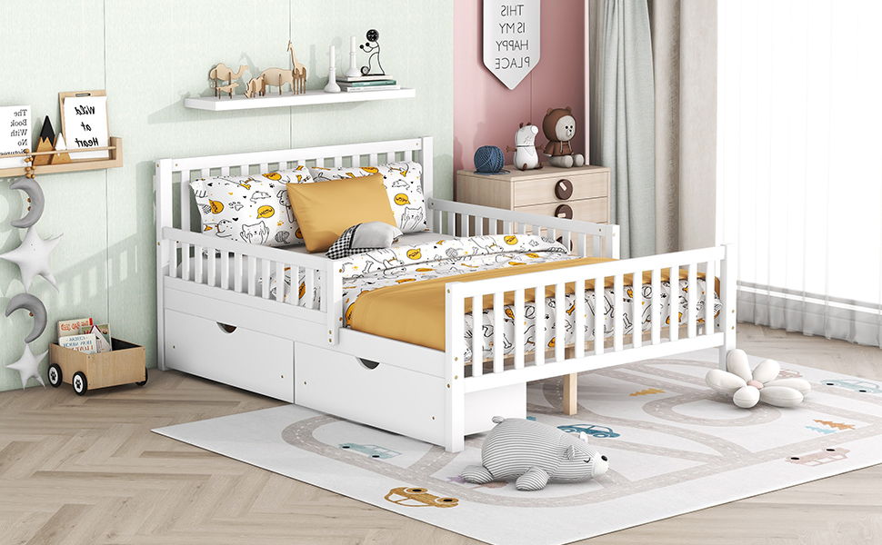 Full Size Platform Bed With Guardrails On Both Sides And 2 Storage Drawers - White