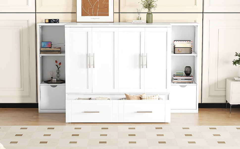 Queen Size Murphy Bed With Shelves, Drawers And USB Ports - White