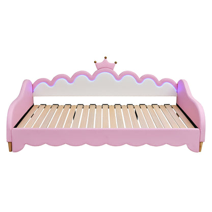 Twin Extending Daybed With LED Lights, Modern Upholstered Princess Daybed With Crown Headboard - Pink