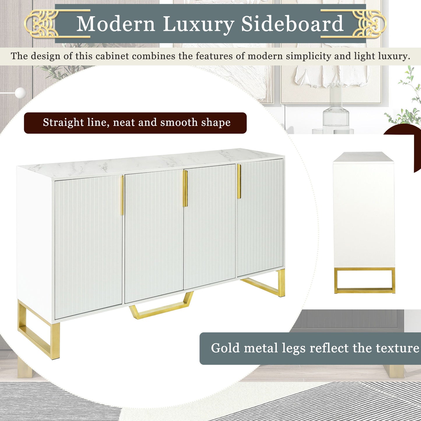 Modern Sideboard With Four Doors, Metal Handles & Legs And Adjustable Shelves Kitchen Cabinet - White