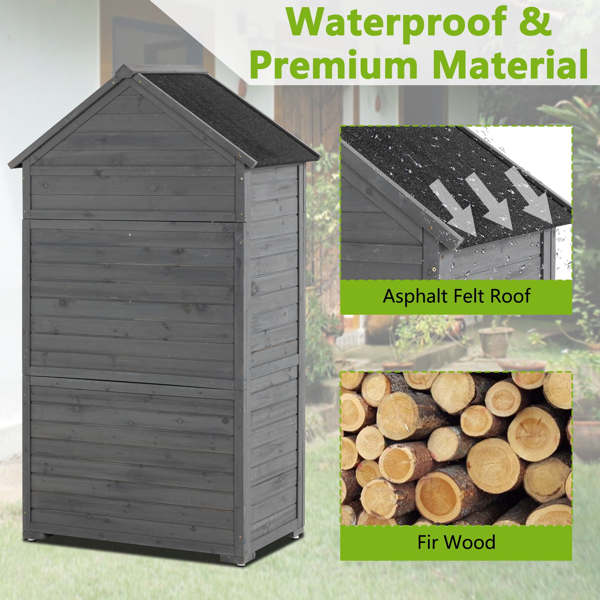 Outdoor Storage Cabinet, Garden Wood Tool Shed, Outside Wooden Shed Closet With Shelves And Latch For Yard - Gray