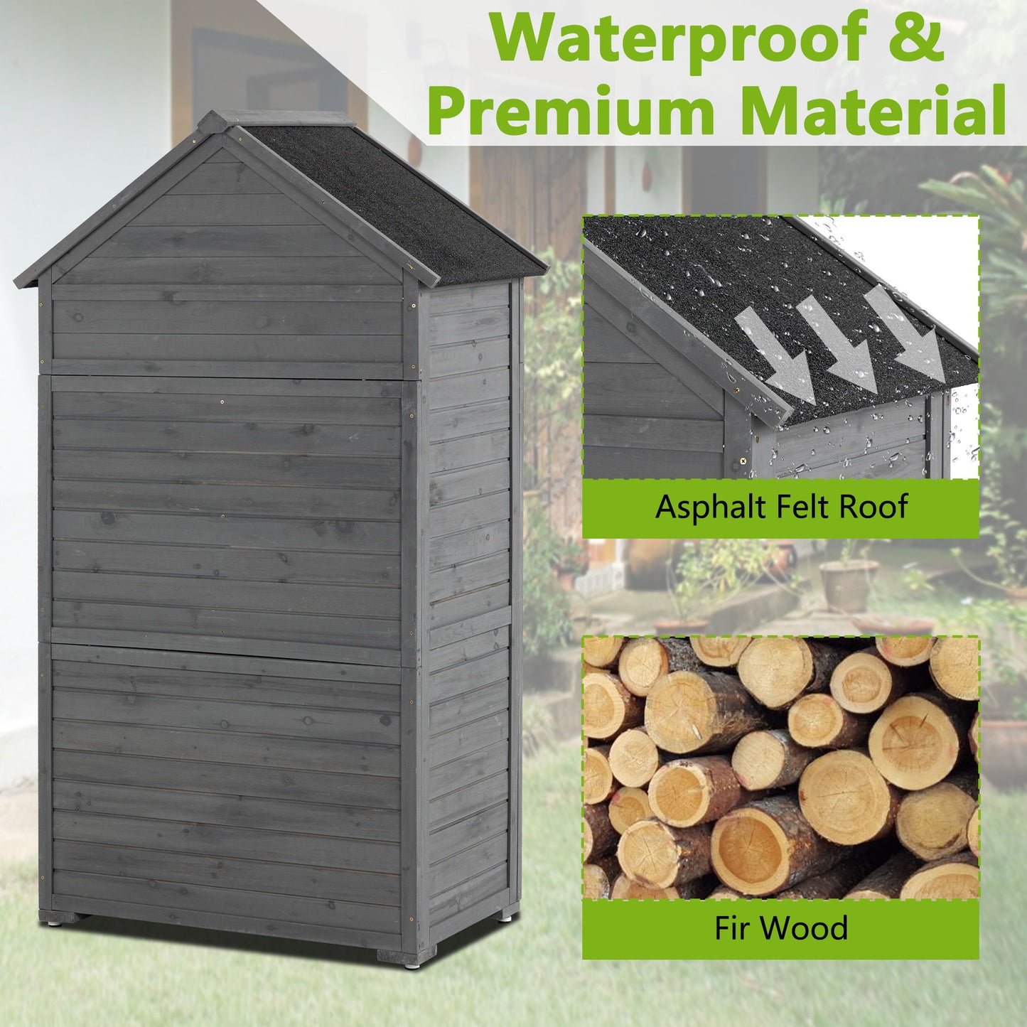 Outdoor Storage Cabinet, Garden Wood Tool Shed, Outside Wooden Shed Closet With Shelves And Latch For Yard - Gray
