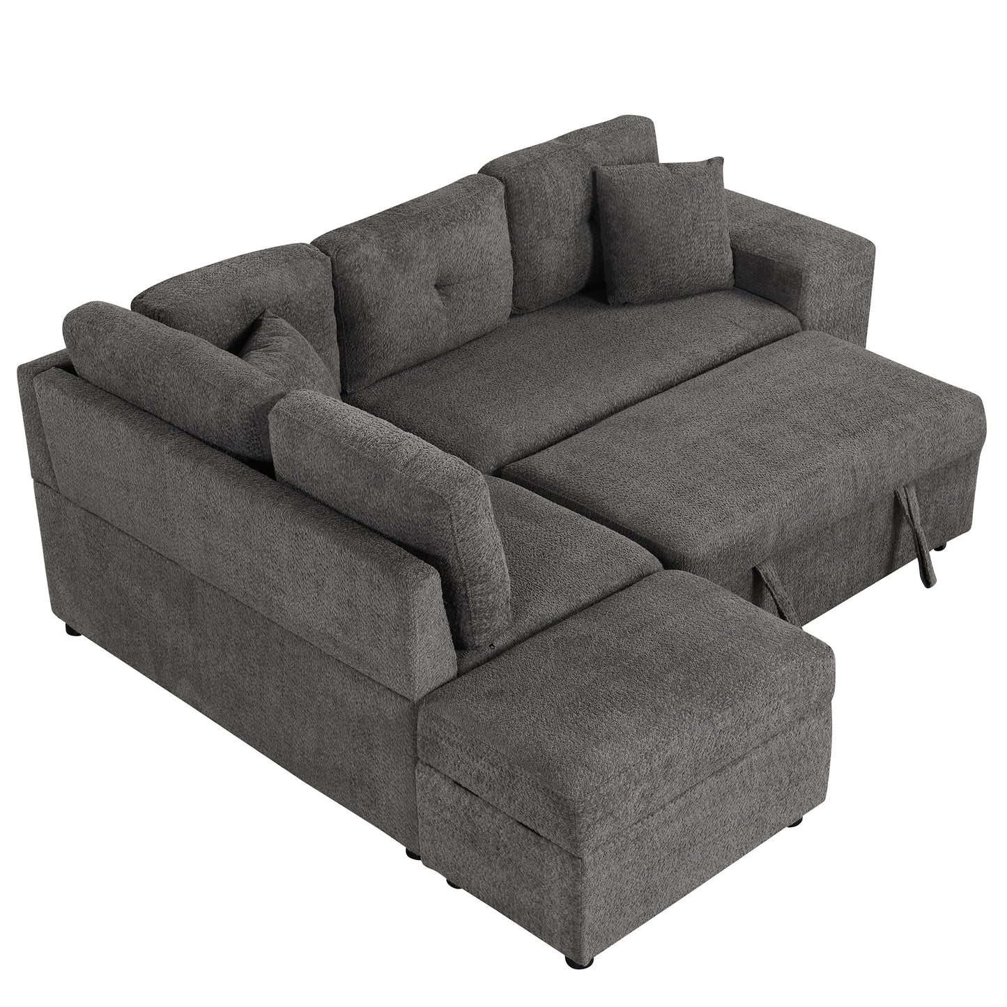 Convertible Sleeper, Sectional Pull Out Sofa Bed With Storage Ottoman, 2 Throw Pillows, 2 Stools, Wireless Charger And Two Hidden USB Ports For Living Room - Dark Gray